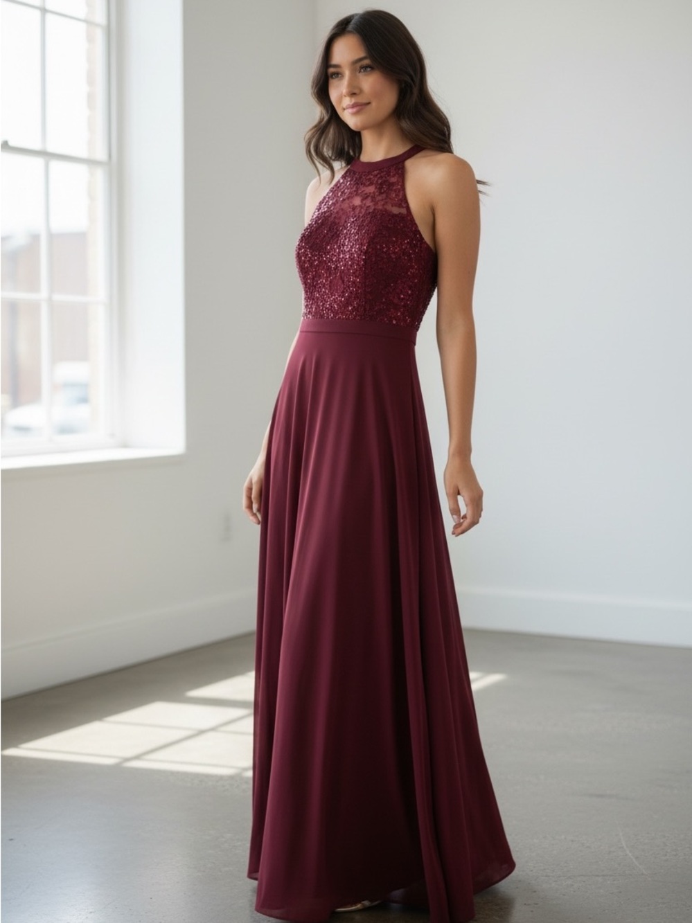 Night Way Collections Burgundy Lace & Sequin Prom Gown